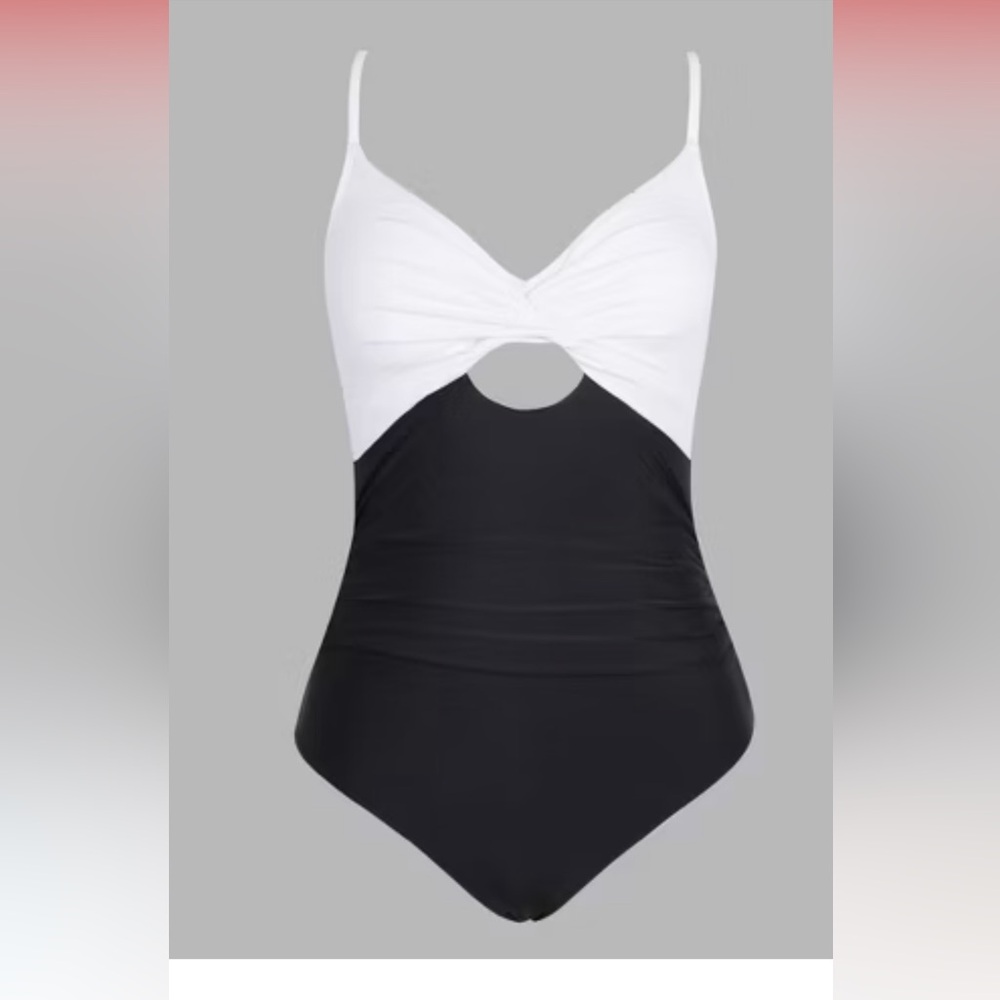 Women's Twist Keyhole Black and White One Piece Swimsuit